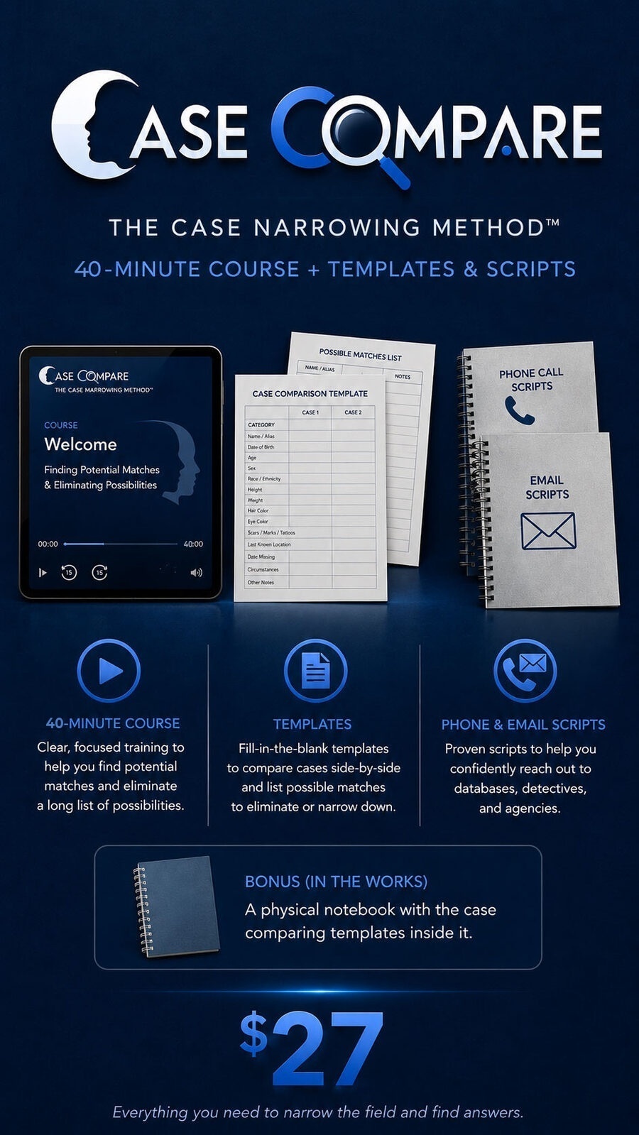 The Case Narrowing Method: a tablet playing the 40-minute course, printed case comparison templates and a possible matches list, and notebooks of phone and email scripts.