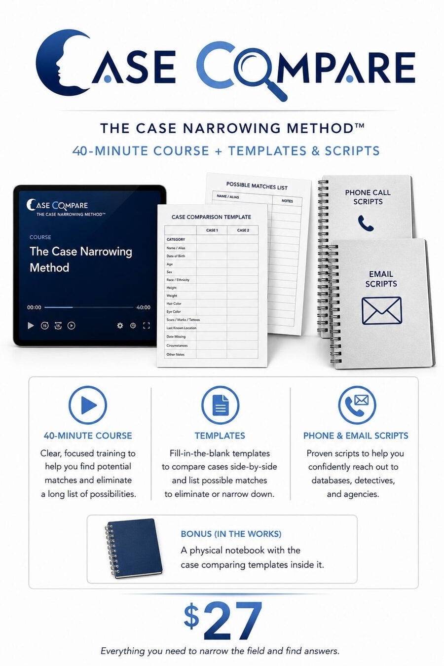What the course includes: a 40-minute video course, printed case comparison templates and a possible matches list, and phone and email script notebooks.