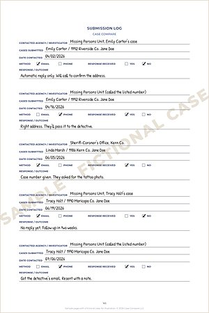 Submission Log page, filled in with made-up cases