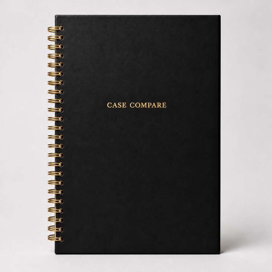 The Case Compare Notebook: black faux-leather hardcover with gold lettering